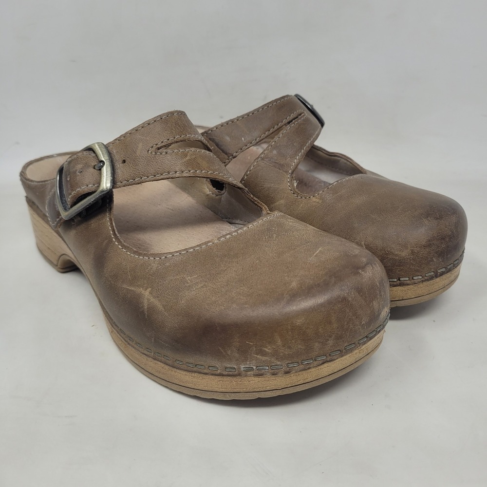 Dansko Clogs EU37 US6.5 Taupe Stone Leather Britney Mary Jane Slip On Comfort